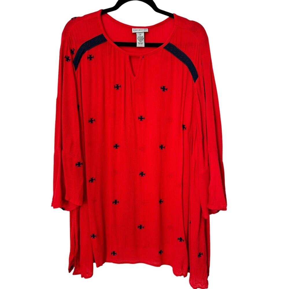 Catherines Top Womens Plus Size 2X Bell Sleeve Embroidered Lightweight Red Rayon